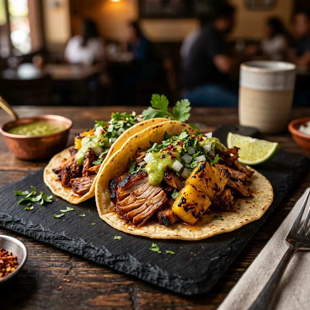 Dos tacos al pastor con piña asada, cilantro y salsa verde
