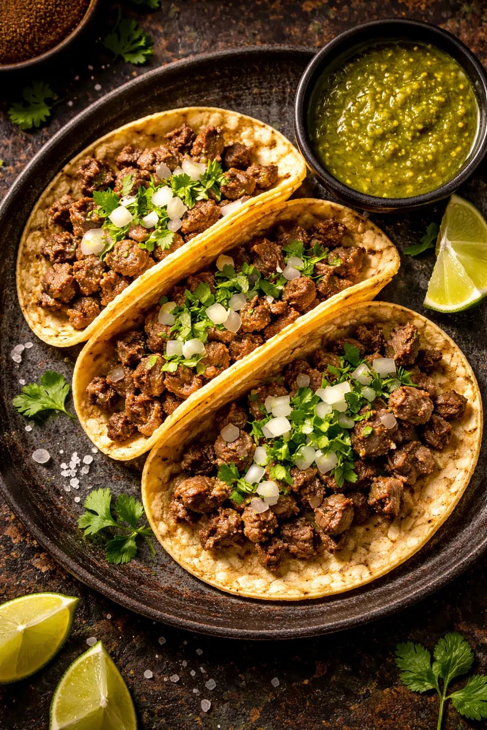 Tres tacos de suadero con cebolla, cilantro y salsa