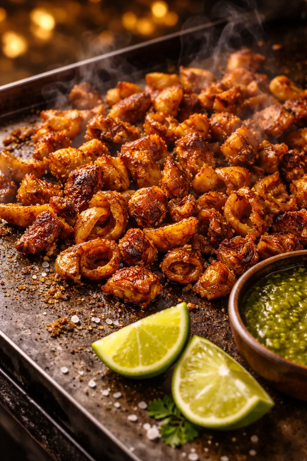 Tripa dorada en comal, con limón y salsa