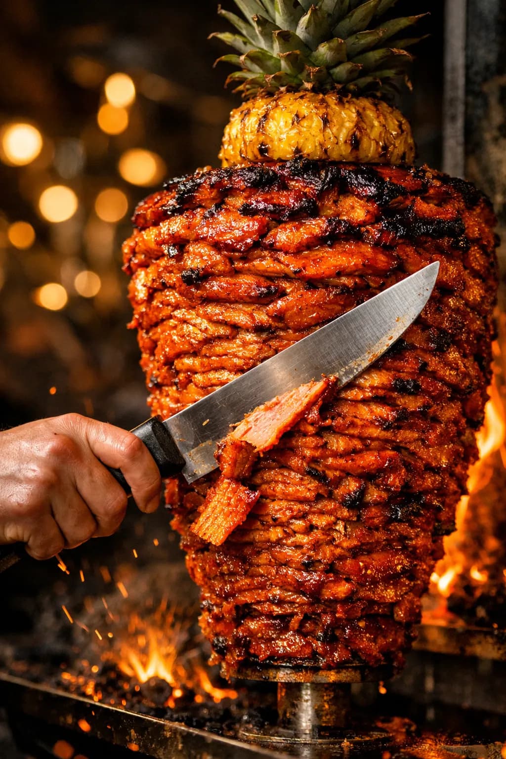 Trompo de pastor al fuego, con piña encima y una rebanada recién cortada